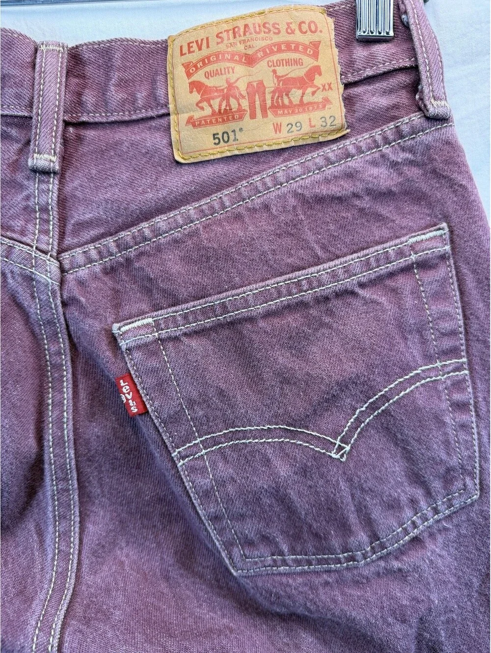 Vintage 90s Levis 501 Jeans Mens 29x32 Faded Burgundy Plum Button Fly Denim USA